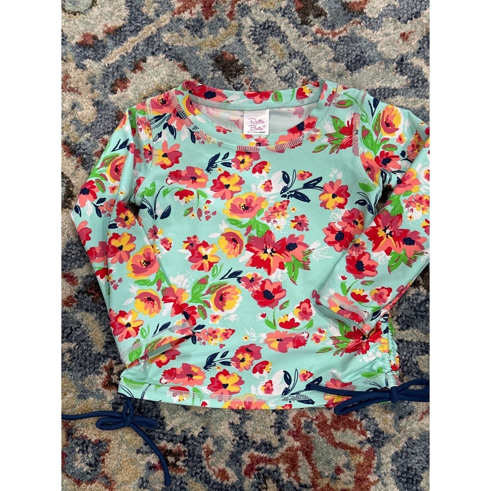 RuffleButts Rash Guard Girls 2T‎ Aqua Floral Long Sleeve Side Tie EUC
